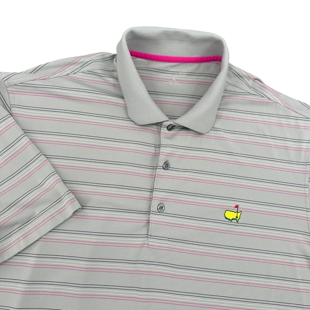 Masters Tech Mens XL Grey Pink Striped Golf Polo Shirt Short Sleeve Tournament